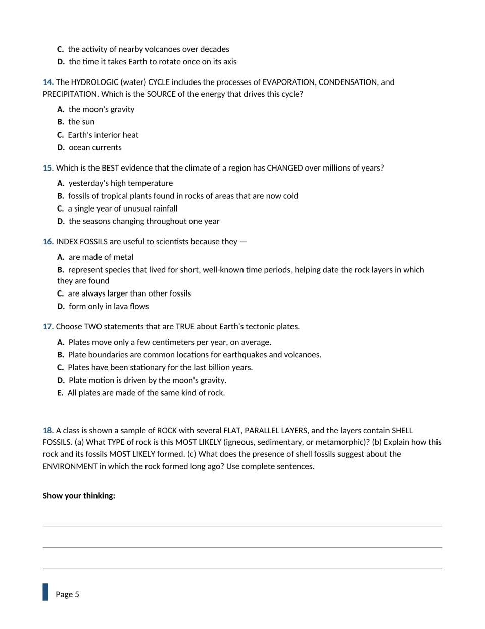 Water cycle energy, climate change evidence, index fossils, a choose-two plate item, and a written question on fossil rock