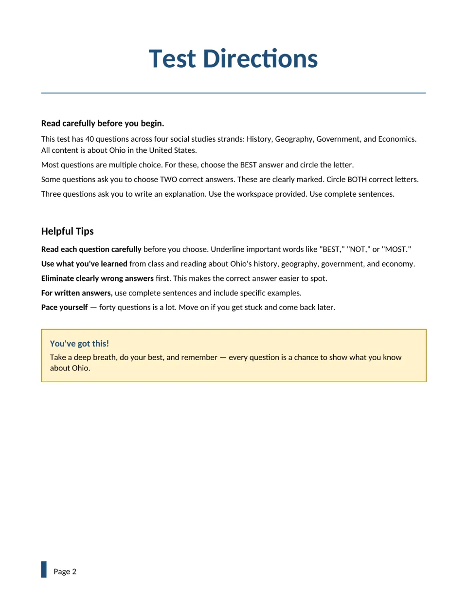 Test directions: how to answer multiple choice, choose-two and written items, plus tips like underlining key words