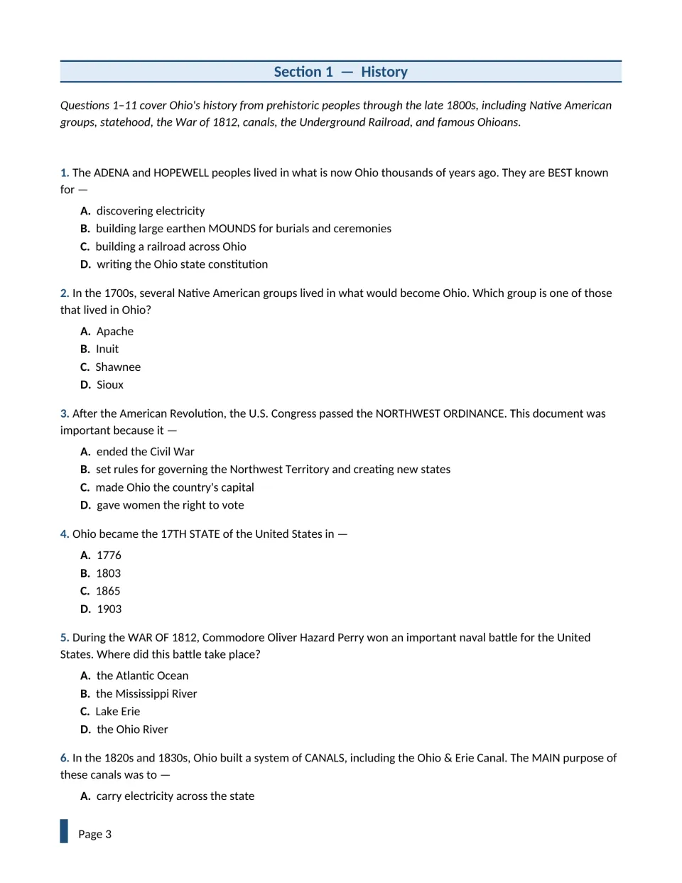 Ohio history questions 1-6: students answer items on Adena mounds, Shawnee, Northwest Ordinance, statehood, War of 1812