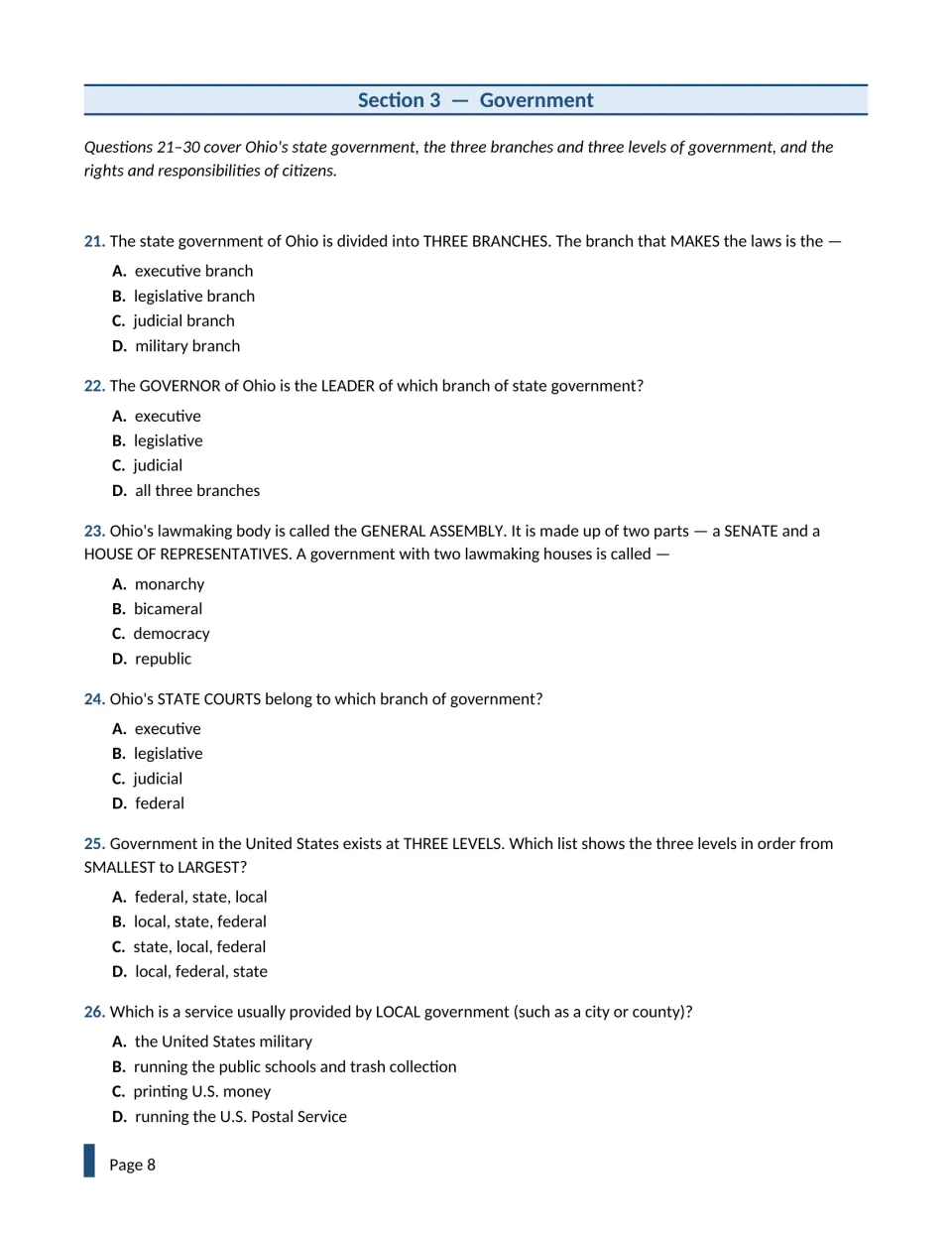 Government items 21-26: students identify three branches, the General Assembly, levels of government and local services