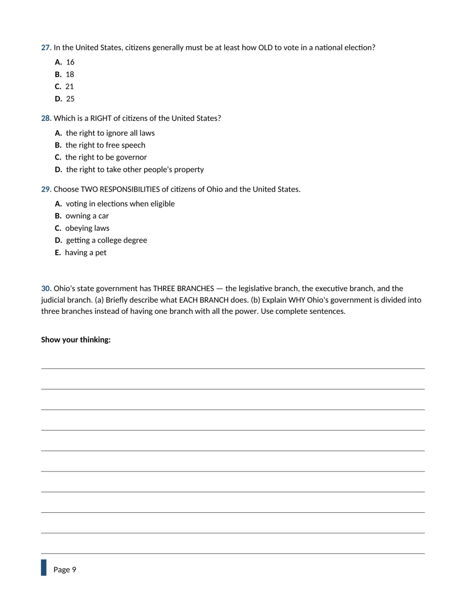 Citizenship items 27-30 on voting age, rights and duties; students then explain in writing why Ohio has three branches