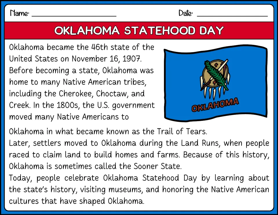 Oklahoma Statehood Day reading passage in color with the state flag: students read about statehood and the Land Runs