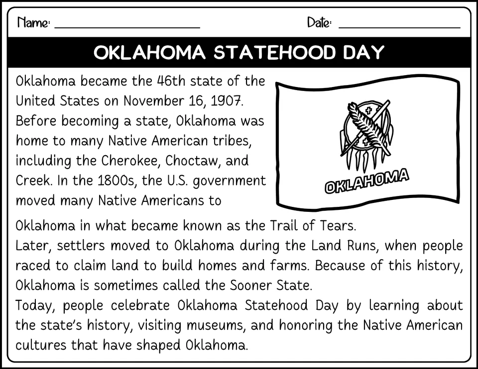 Oklahoma Statehood Day passage in black and white with an outlined flag: students read about the Trail of Tears