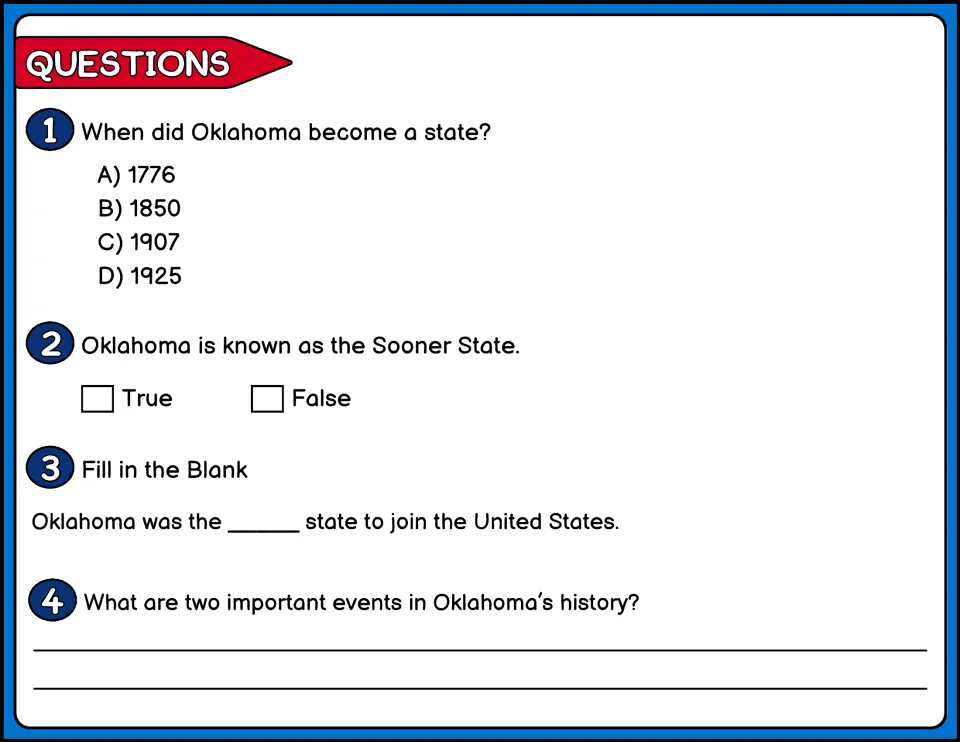 Oklahoma comprehension questions: students answer multiple choice, true or false, fill-in-the-blank and written items
