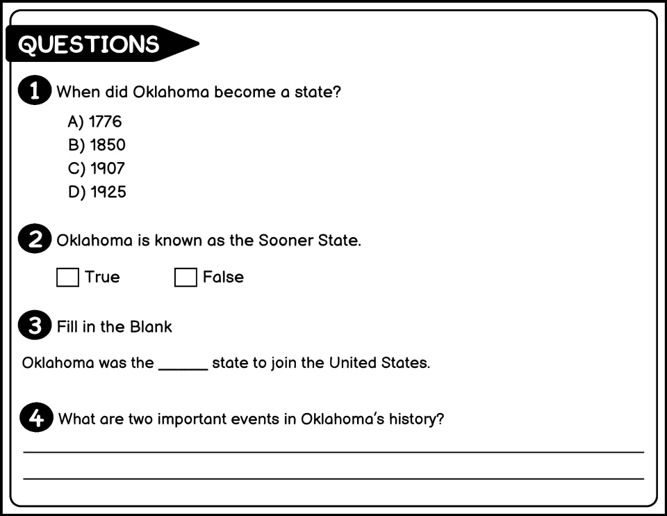 Black and white Oklahoma questions 1 to 4: students pick the statehood year, mark true or false and fill in a blank
