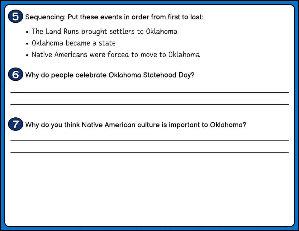 Oklahoma questions 5 to 7: students sequence three events from first to last, then explain why people celebrate the day