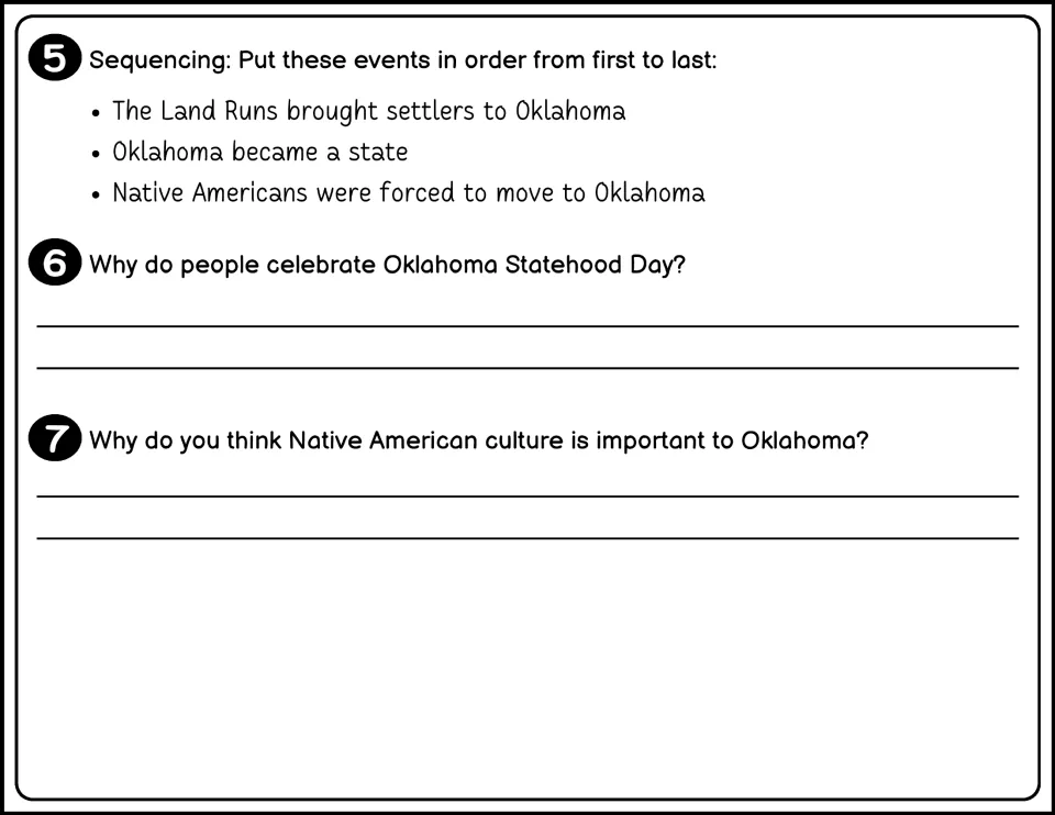 Black and white Oklahoma questions 5 to 7 on sequencing events and explaining why Native American culture matters