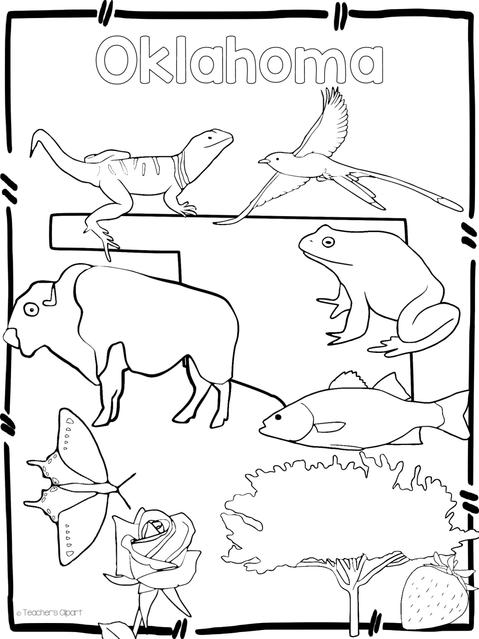 Oklahoma symbols coloring page: bison, scissor-tailed flycatcher, lizard, frog, fish, butterfly, rose, tree and strawberry
