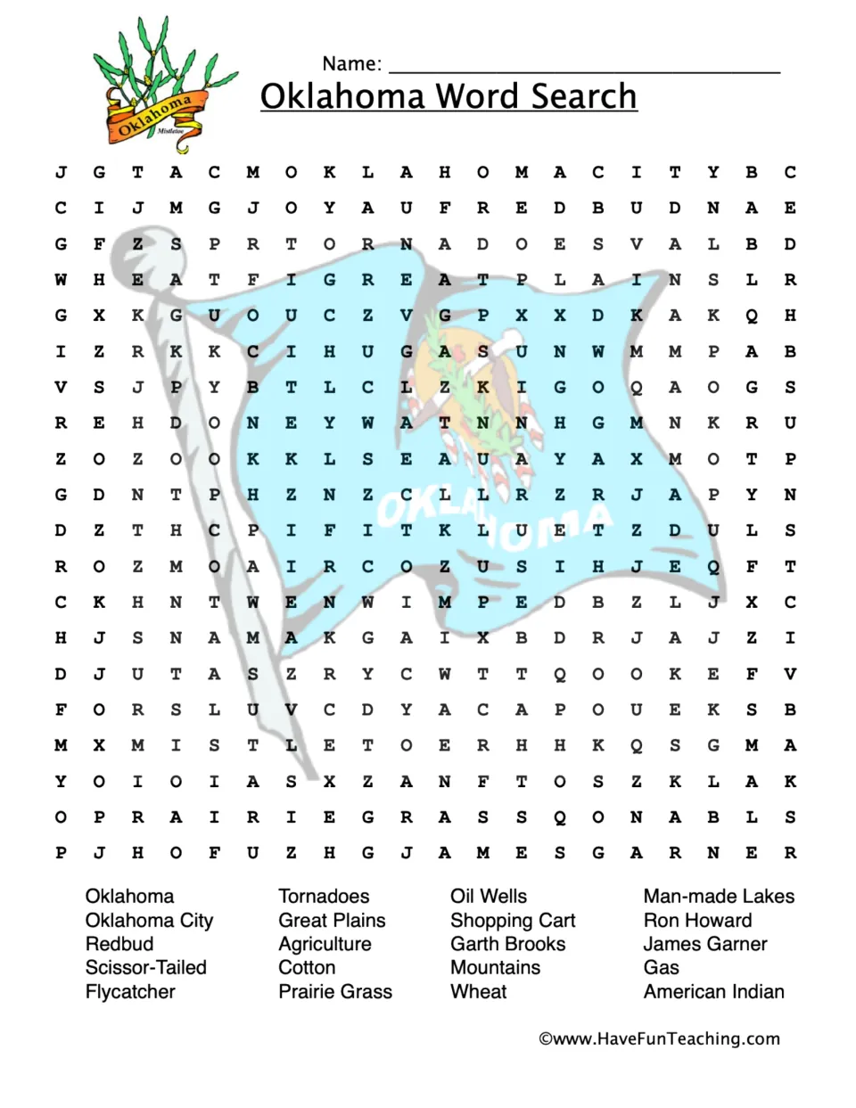 Oklahoma word search featuring Oklahoma City, Redbud, Great Plains, Prairie Grass, Oil Wells, and Ron Howard.