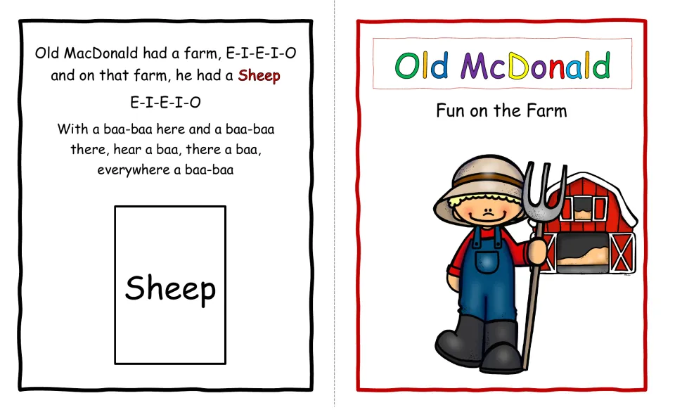 Sheep verse with baa-baa sounds and a Sheep label, next to the booklet cover 'Old McDonald: Fun on the Farm' and a farmer