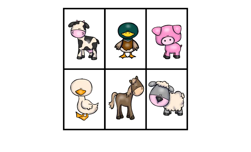 Farm animal picture cards to cut out: a cow, duck, pig, goose, horse and sheep for matching to each song verse