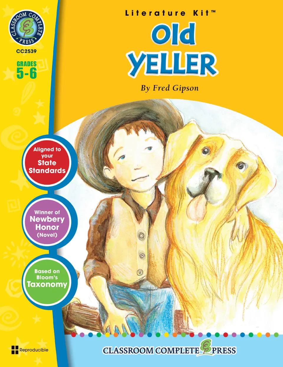 Old Yeller by Fred Gipson literature kit cover for grades 5–6, with an illustration of a boy and his yellow dog