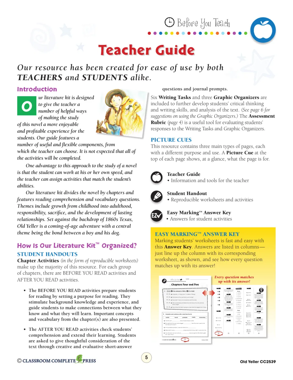 Teacher guide introduction explaining Before You Read and After You Read activities, picture cues and the answer key