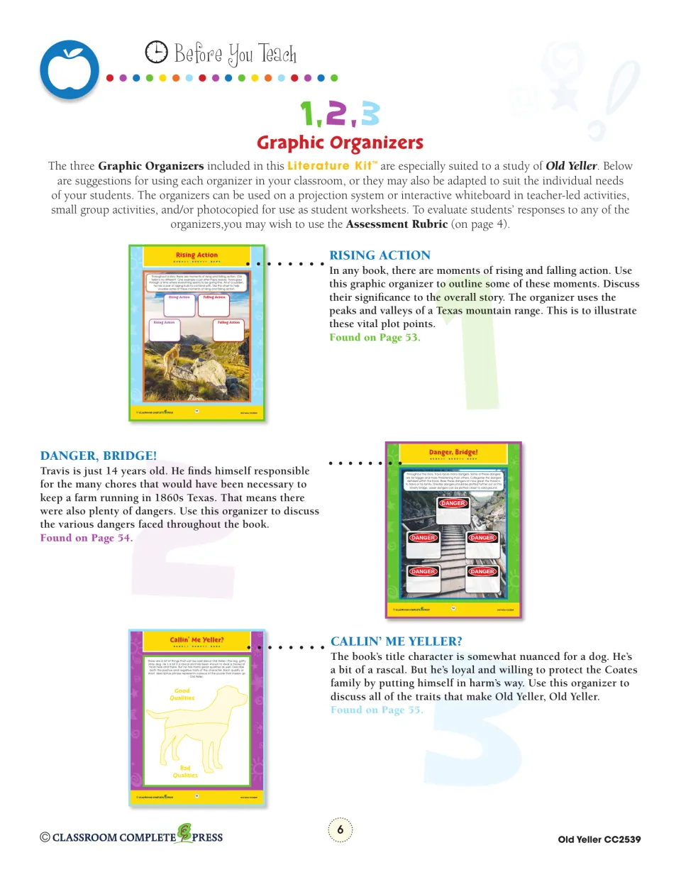 Teacher notes on the three graphic organizers: Rising Action, Danger, Bridge! and Callin' Me Yeller?