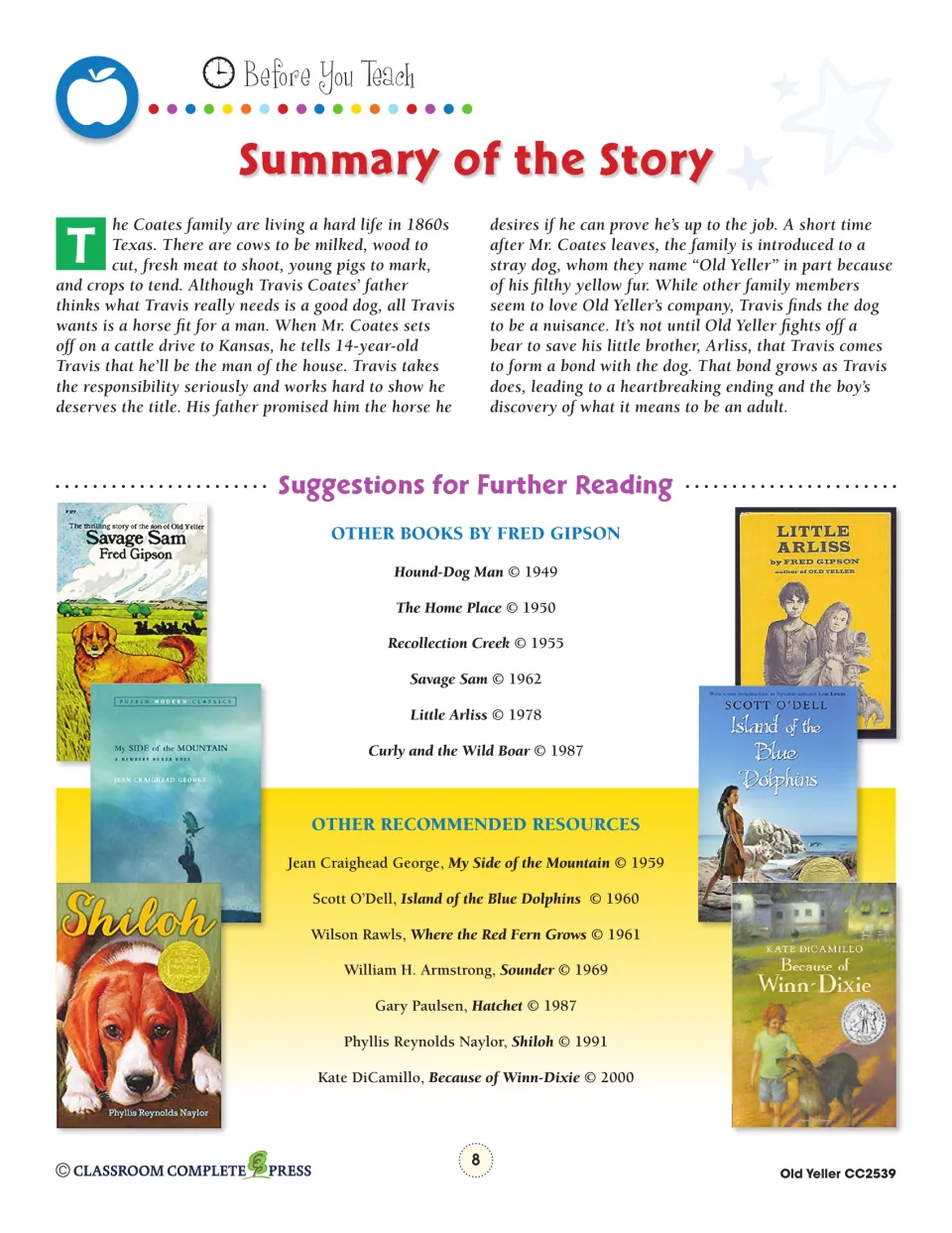 Story summary of Travis Coates and the stray dog in 1860s Texas, with further reading by Fred Gipson and others