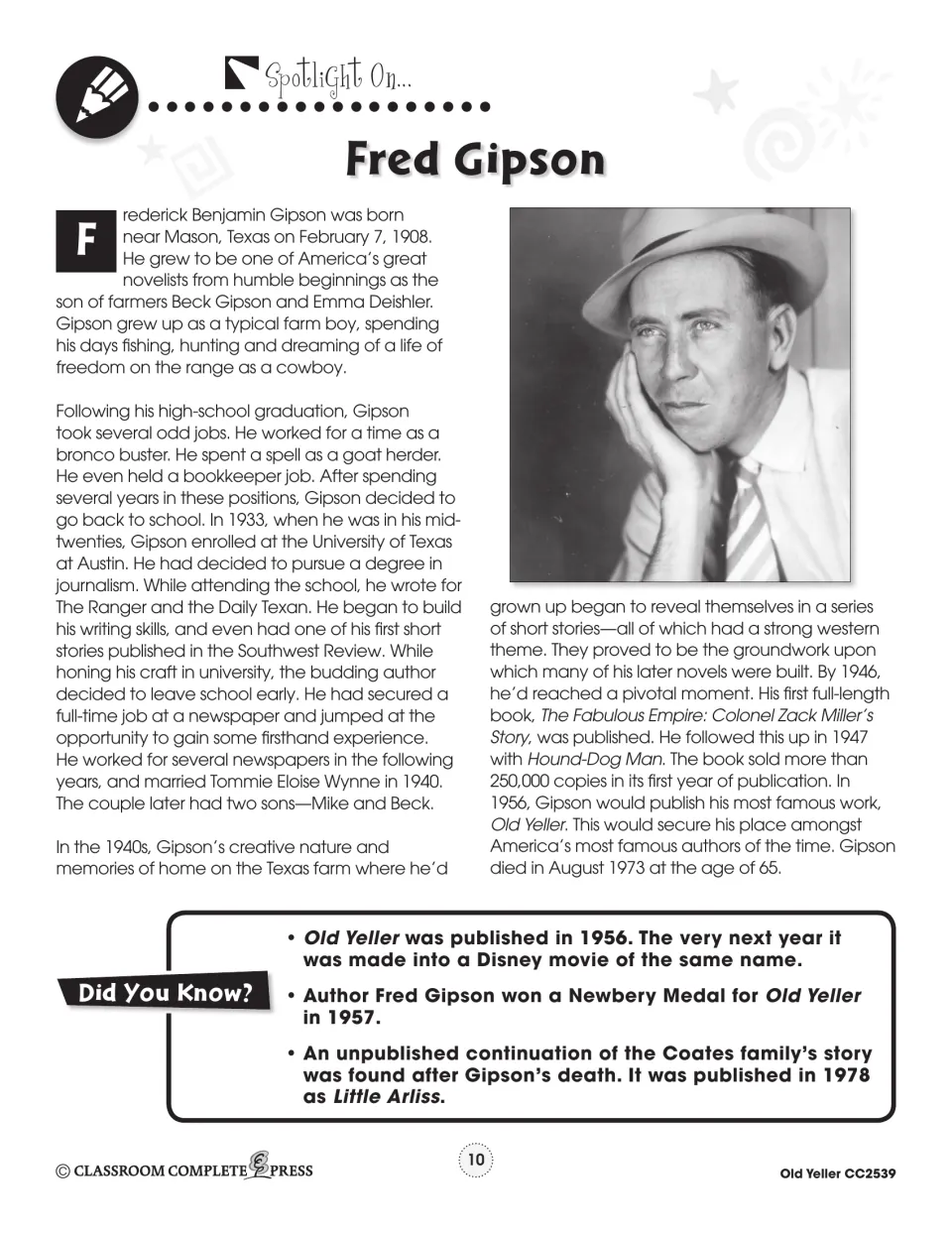 Fred Gipson author biography with his photo and Did You Know? facts about the Disney film and the Newbery Medal