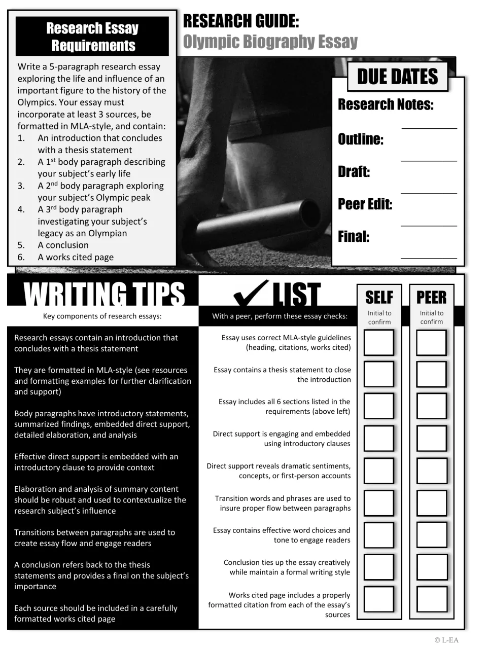 Black-and-white research guide: essay requirements list, due date blanks, writing tips and a self and peer checklist