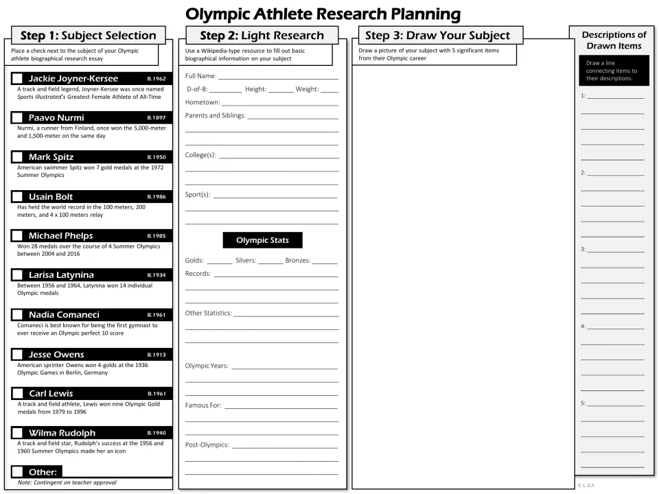 Black-and-white athlete planning sheet: students check one of 10 Olympians, fill in Olympic stats and sketch 5 career items