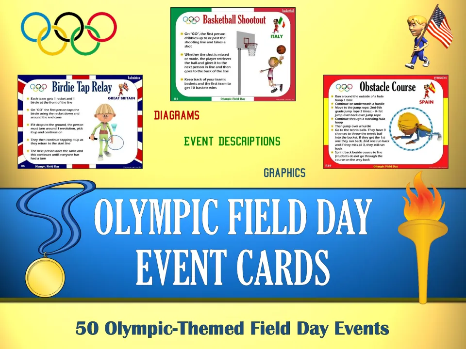 Olympic Field Day Event Cards cover: 50 Olympic-themed events with sample cards for Basketball Shootout and Obstacle Course