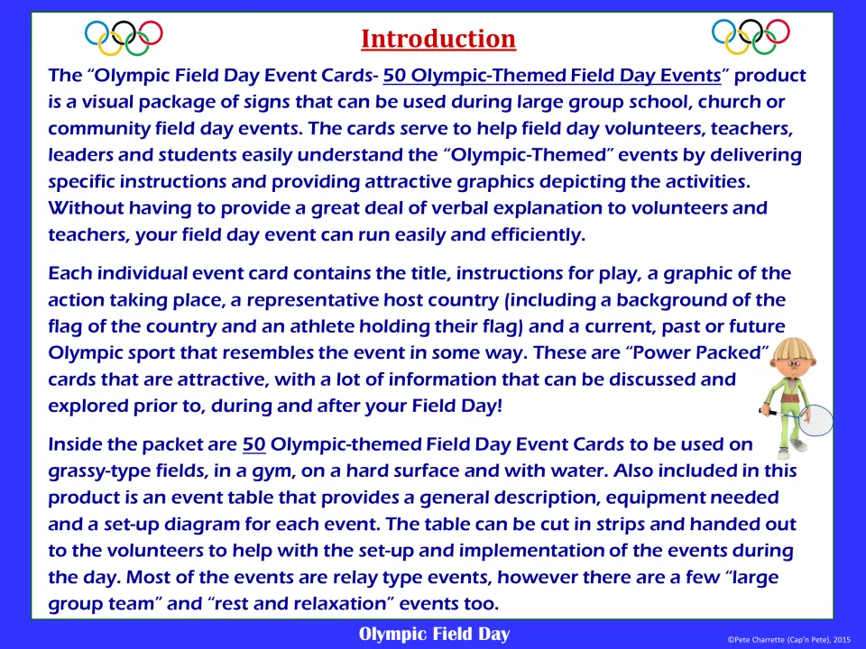 Introduction: each event card gives a title, play rules, an action graphic, a host country and a related Olympic sport