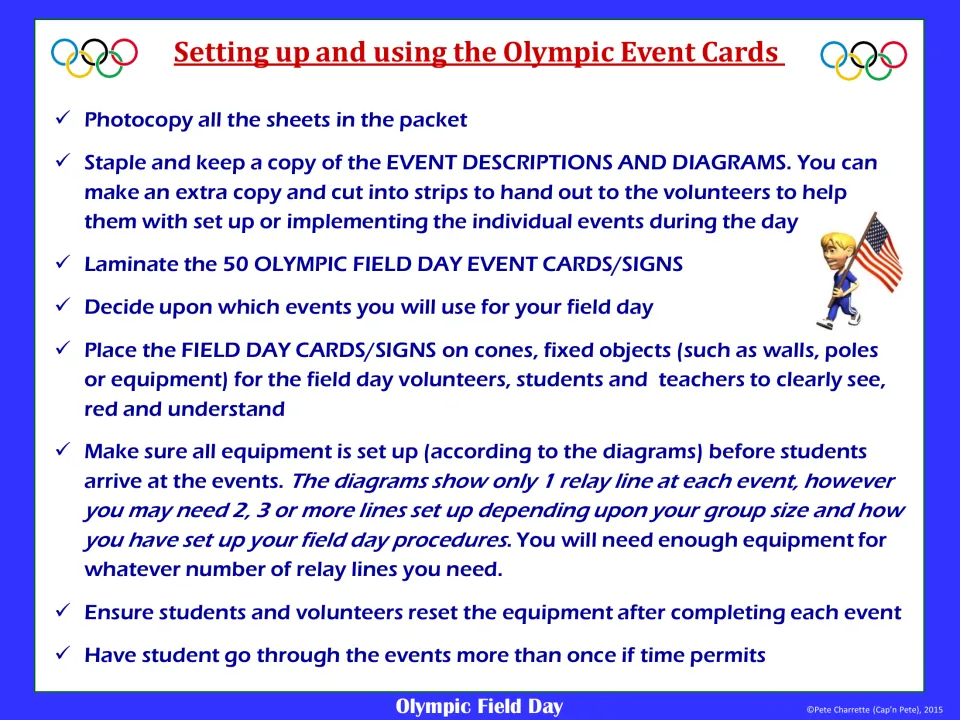 Setup checklist: photocopy the packet, laminate the 50 signs, choose events, post signs on cones and set up equipment