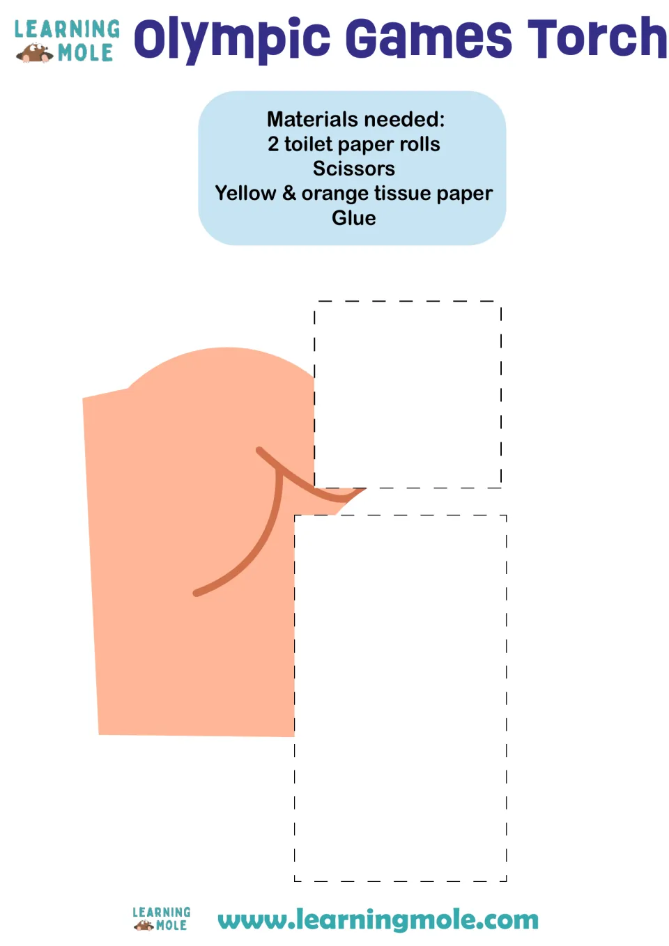 Olympic torch craft template: materials list of toilet paper rolls, tissue paper and glue, and a hand to glue rolls onto