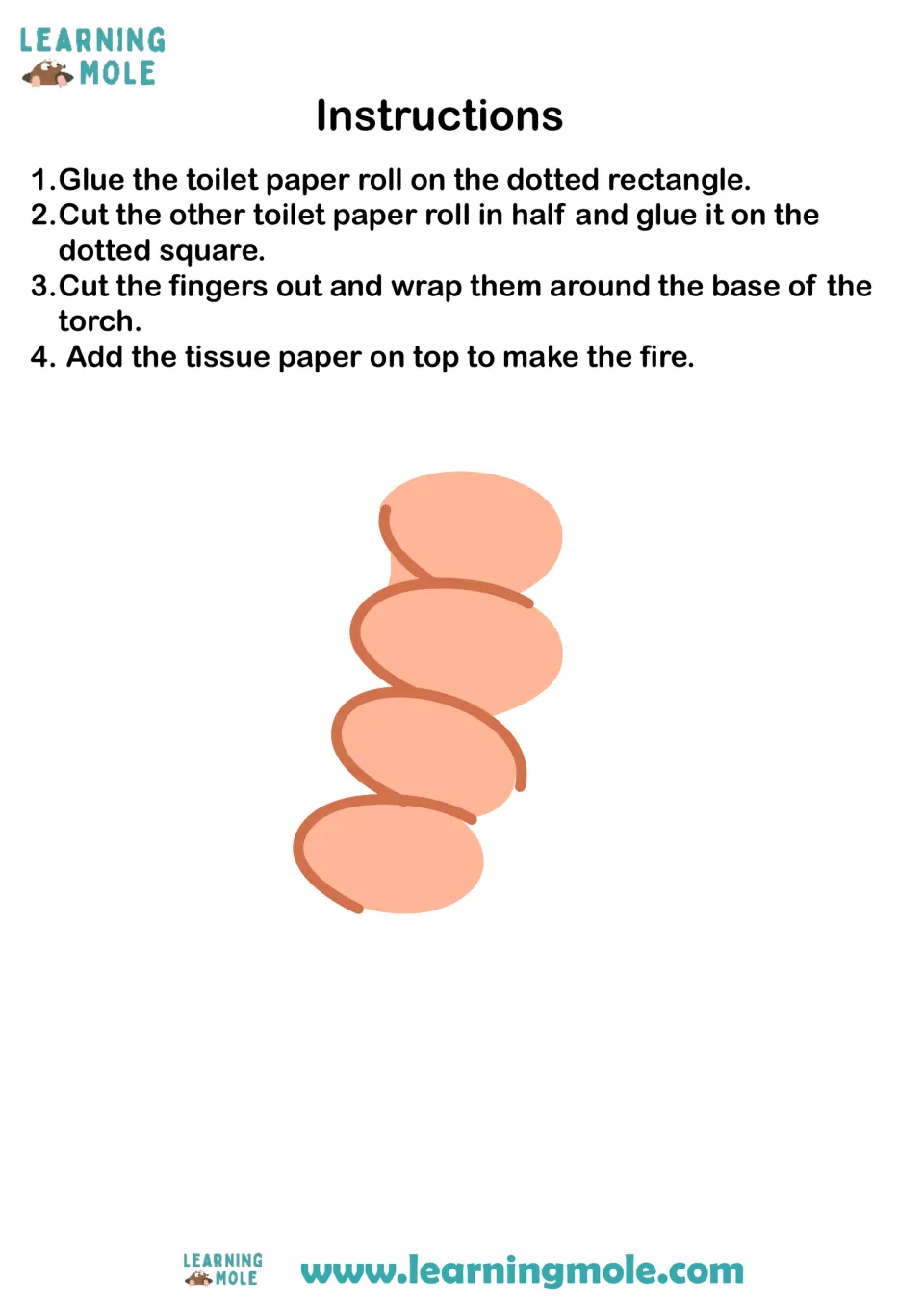 Torch craft instructions: 4 steps to glue rolls, cut out the fingers, wrap them round the torch base and add tissue flames