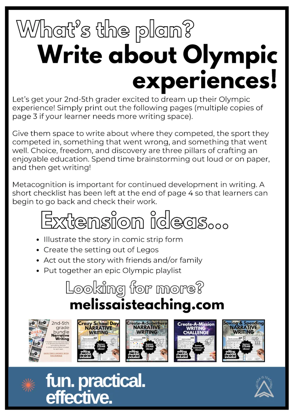 Teacher directions for the Olympic narrative, with brainstorming guidance and four story extension ideas.