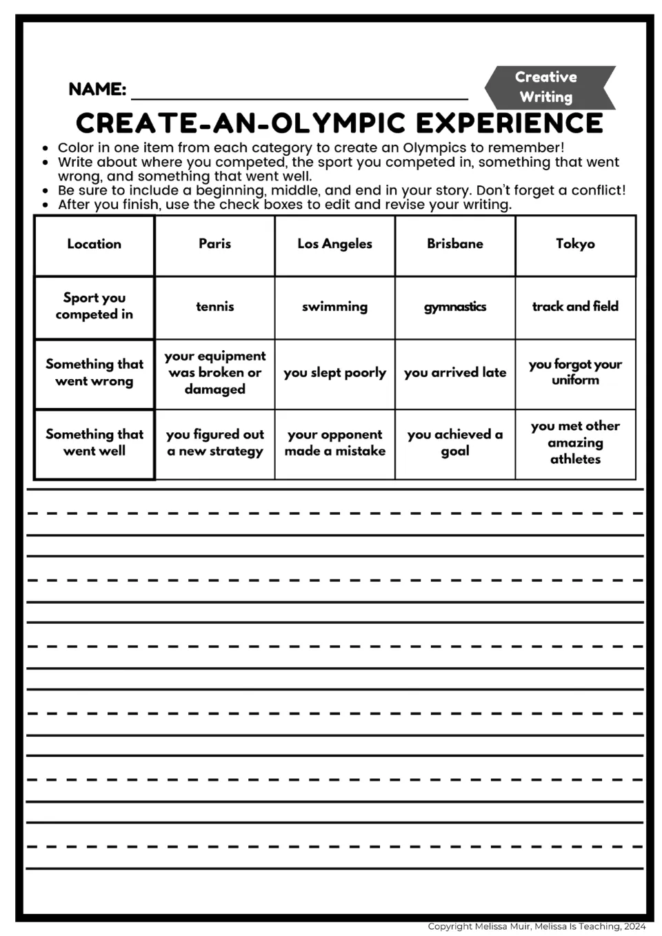 Olympic story planner: choose a city, sport, setback, and success, then write a beginning, middle, and end.
