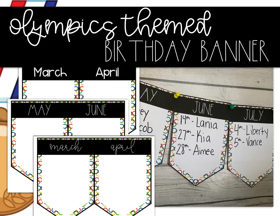 Birthday banner cover showing three month-label font choices and an assembled display of student birthdays