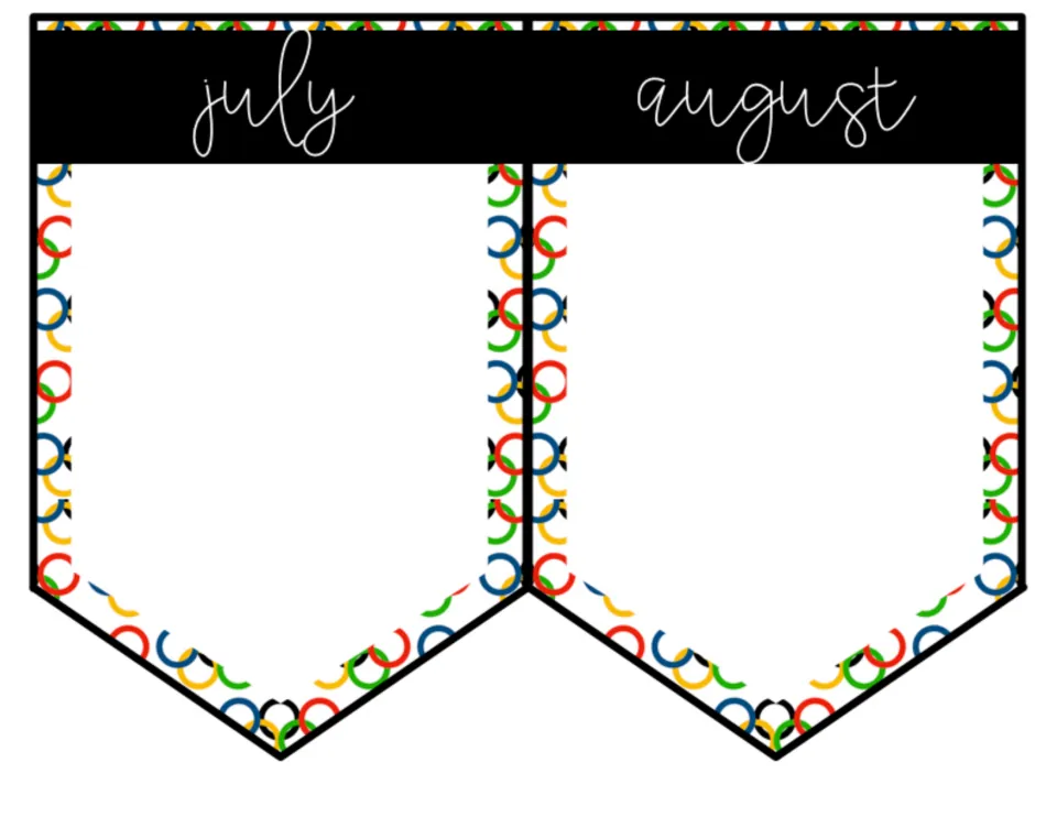 July and August birthday banner pennants with lowercase script month names, ready for student birthdays