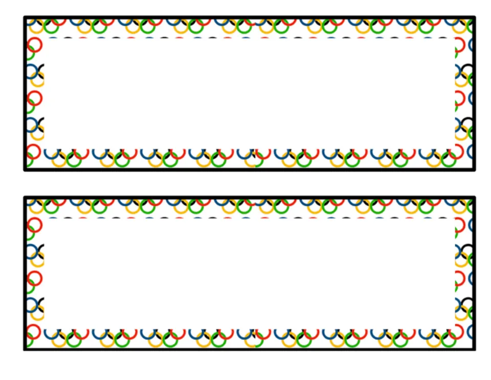 Olympic rings labels: two blank editable name labels trimmed with colorful interlocking rings for typing or writing text
