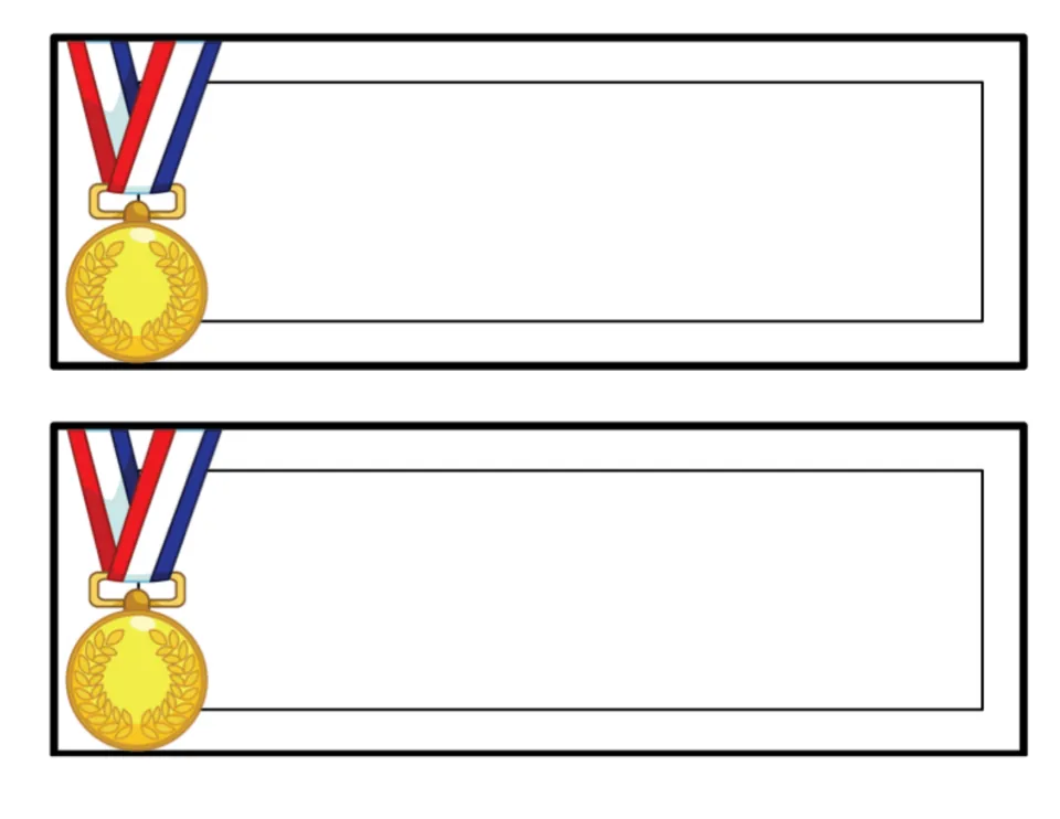 Gold medal labels: two blank editable labels, each with a gold medal on a red, white and blue ribbon, on a white background