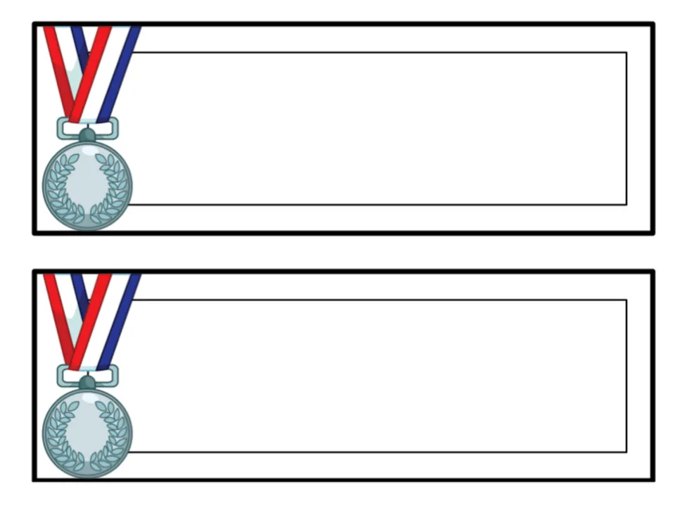 Silver medal labels: two blank editable labels, each with a silver medal on a striped ribbon, on a plain white background