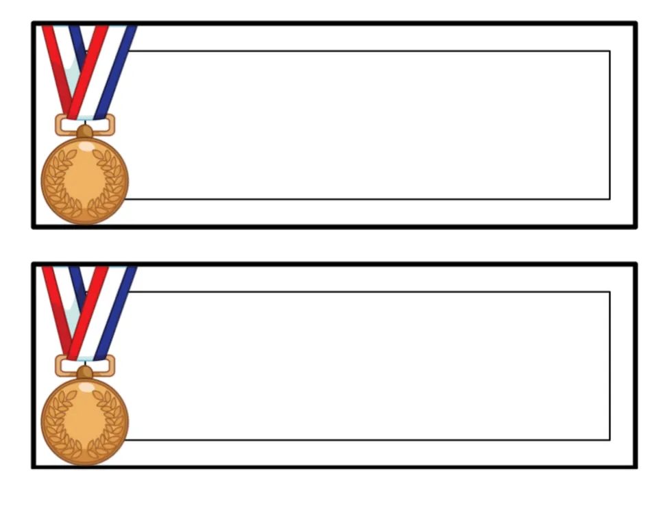 Bronze medal labels: two blank editable labels with a bronze medal and ribbon at the left end, set on plain white