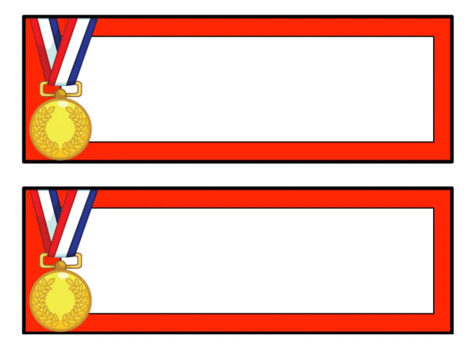 Gold medal labels, red version: two blank editable labels in bright red with a gold medal and ribbon on the left of each