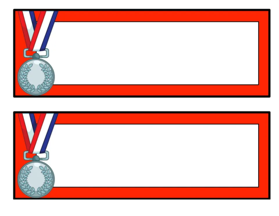 Silver medal labels, red version: two blank editable labels in bright red, each showing a silver medal on a ribbon