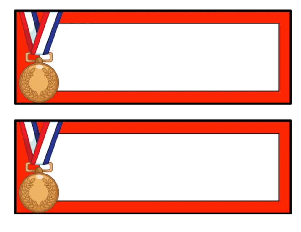 Bronze medal labels, red version: a pair of blank editable red labels, each with a bronze medal and tricolor ribbon