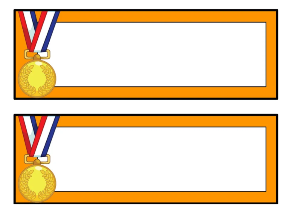 Gold medal labels, orange version: two blank editable orange labels with a gold medal on a red, white and blue ribbon