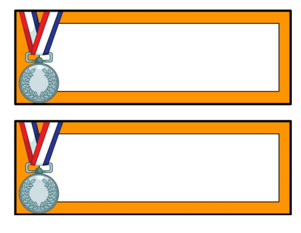 Silver medal labels, orange version: two blank editable labels in orange, each featuring a silver medal and ribbon