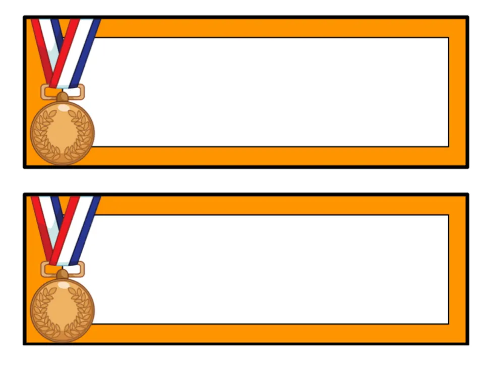 Bronze medal labels, orange version: a pair of blank editable orange labels, a bronze medal and ribbon on each one