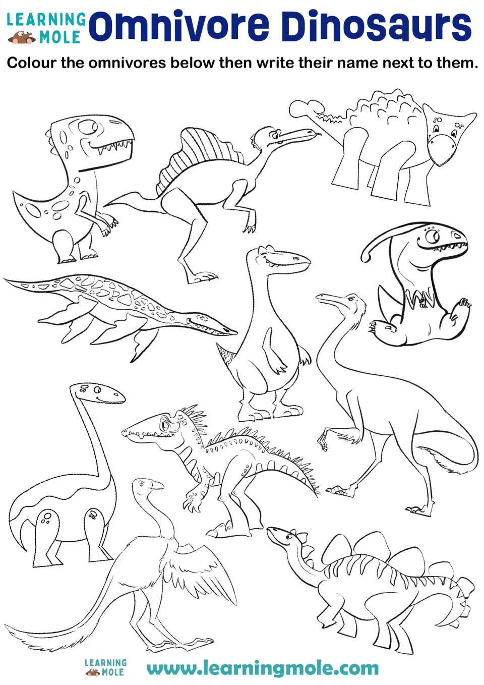 Omnivore dinosaurs: students colour each cartoon dinosaur outline, then write its name beside it, practising identification