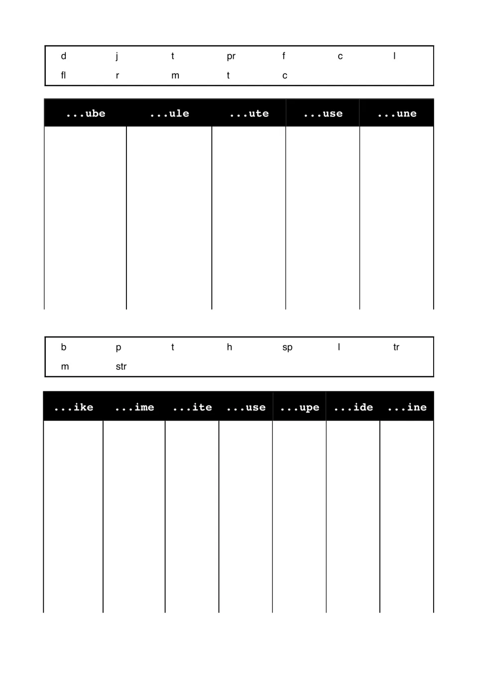 Long u and long i word building: students add letters and blends to -ube, -ule, -ute, -une, -ike, -ime, -ide and -ine