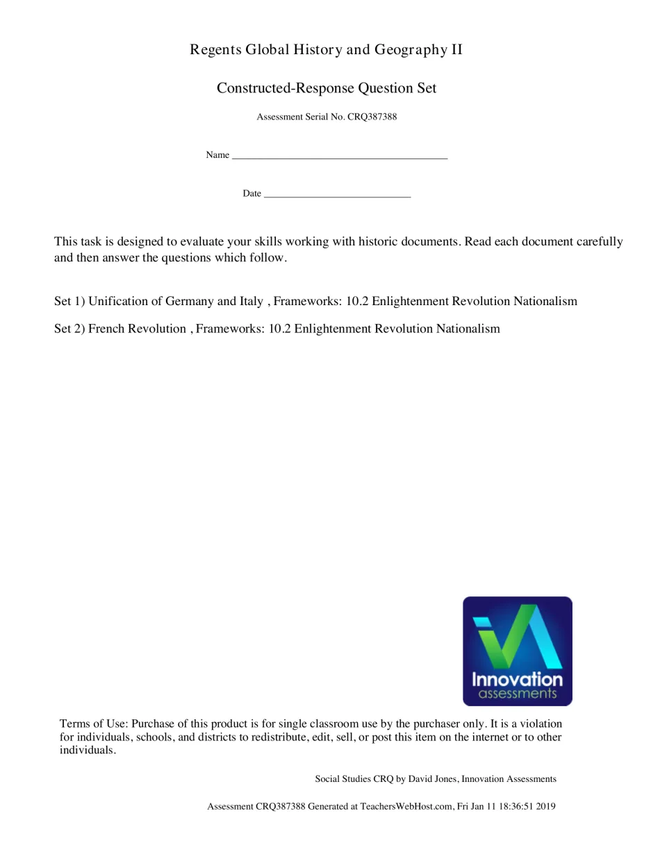Regents Global II CRQ cover listing two sets: unification of Germany and Italy, and the French Revolution
