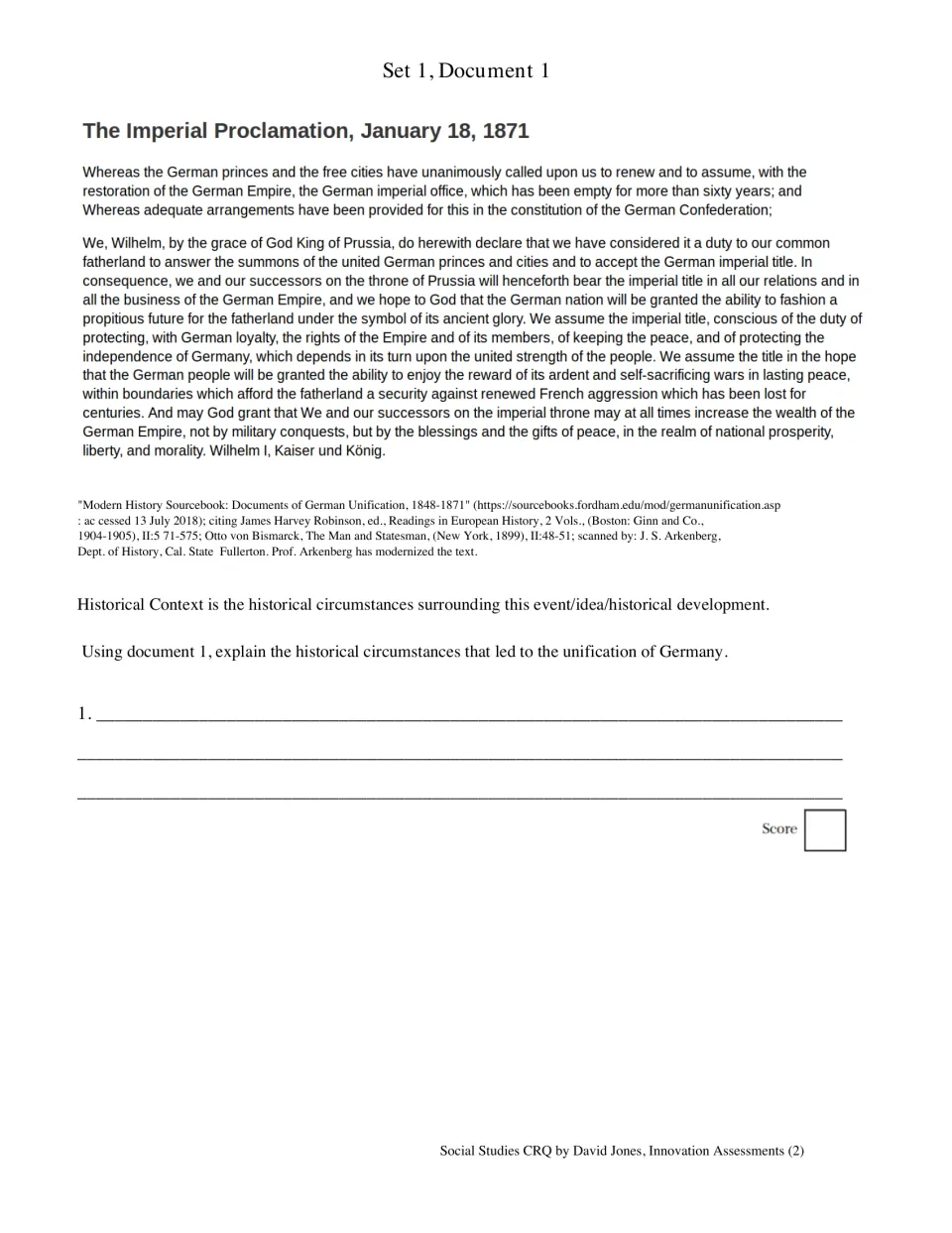 German unification: students read the 1871 Imperial Proclamation and explain the historical context that led to it
