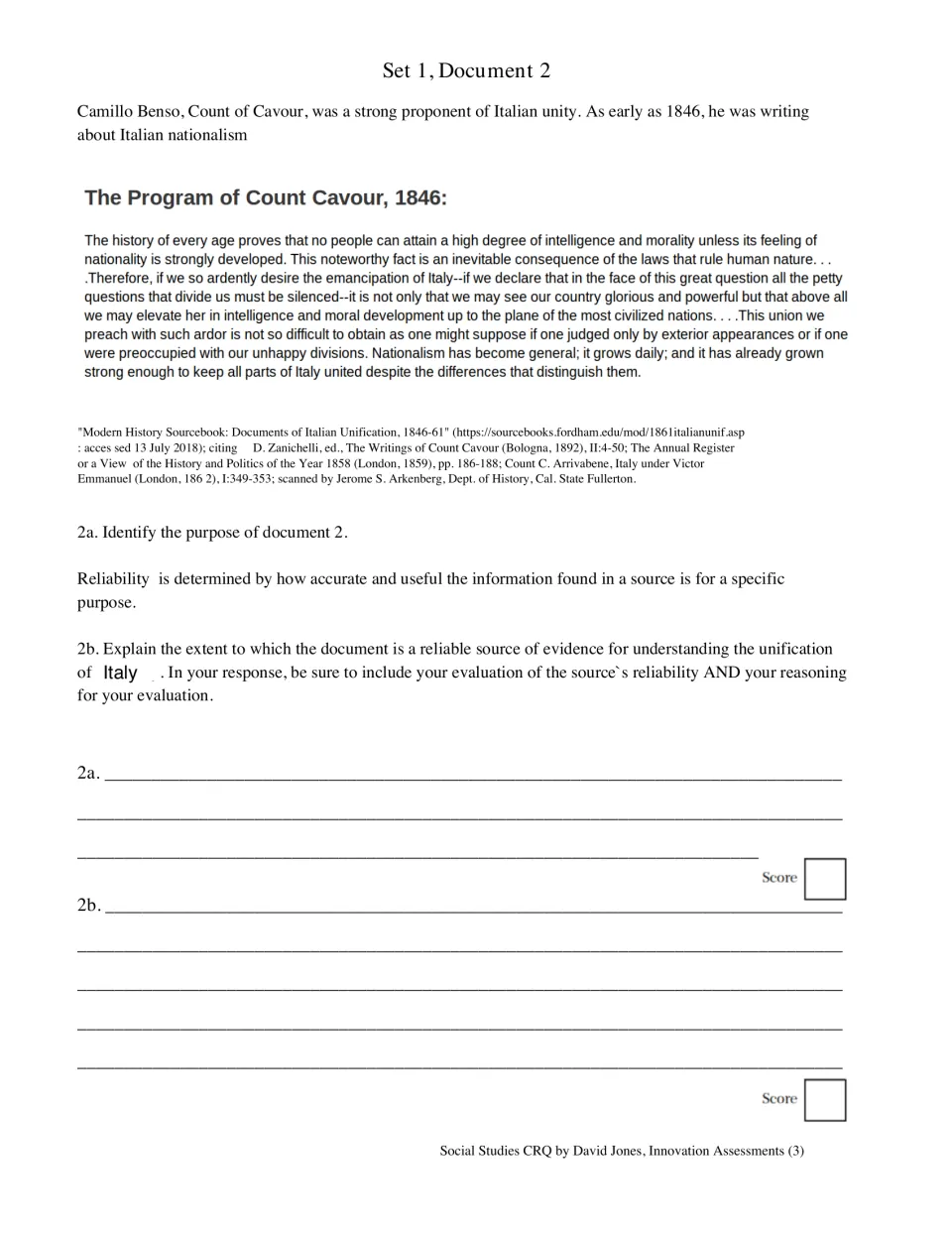 Italian unification: students read Cavour's 1846 program, identify its purpose and judge its reliability as evidence