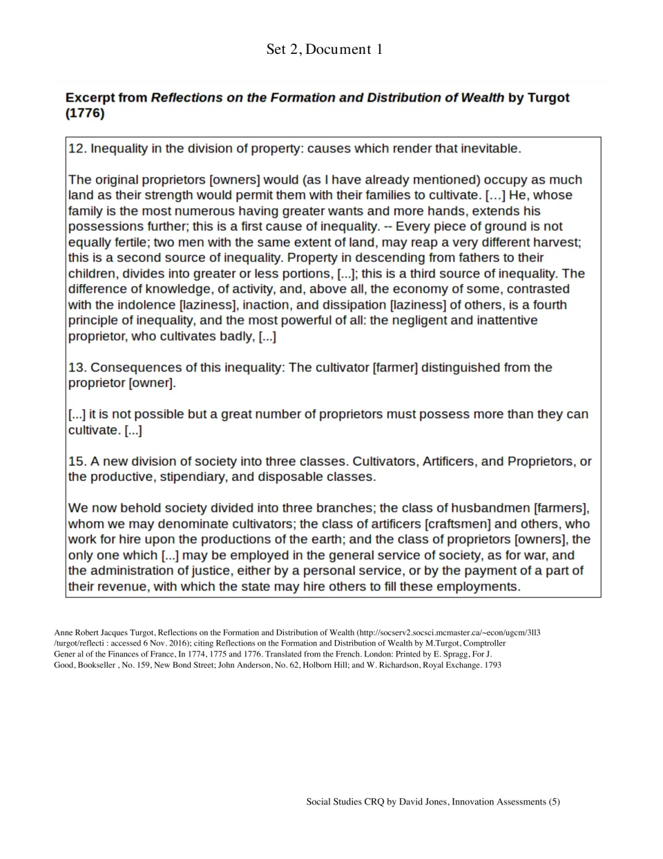 Turgot's 1776 excerpt for students to read on causes of unequal property and the three classes of society