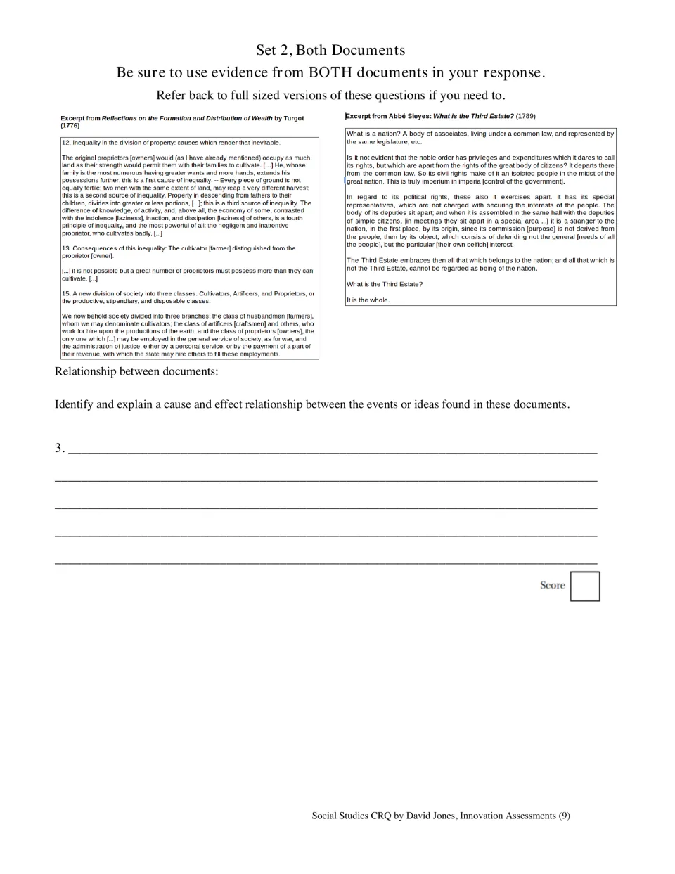 Cause and effect: students compare the Turgot and Sieyes excerpts side by side to explain a link between their ideas