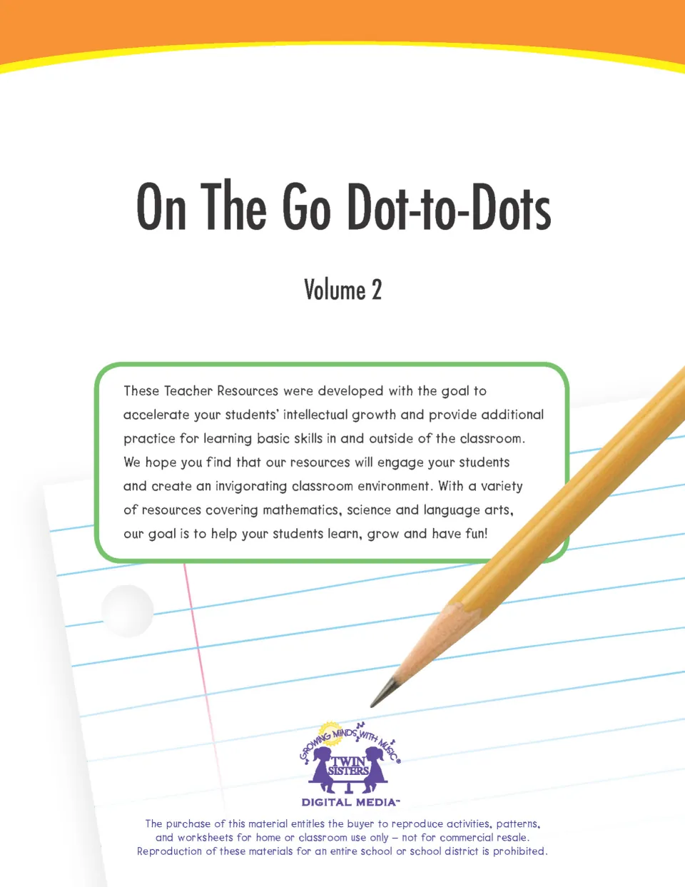 On The Go Dot-to-Dots Volume 2 cover from Twin Sisters Digital Media, with an intro note and classroom copying terms