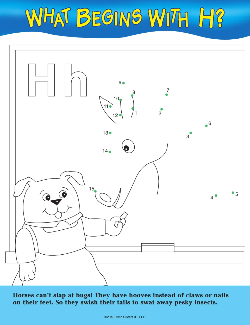 What Begins With H?: counting 1 to 15 to complete a horse a dog draws on a chalkboard beside letters Hh, plus a horse fact